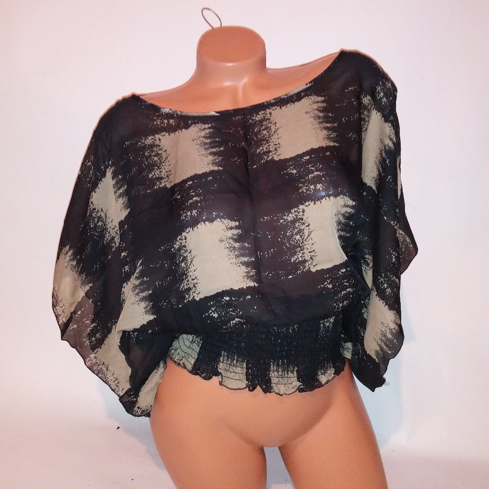 Jon & Anna Blouse Womens Black Gray Squares Sheer Chiffon Dolman Sleeve Scoop Ne